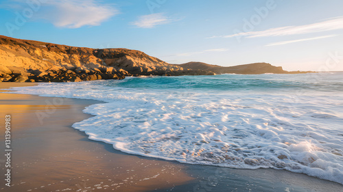 A sunlit beach with a smooth, rocky coastline and foamy waves crashing onto the shore.