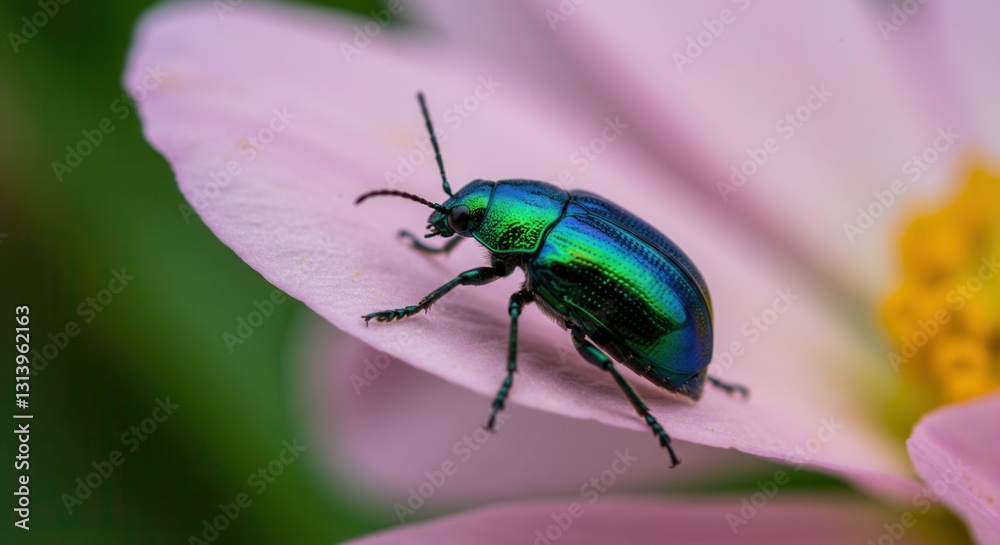 Shiny Blue Beetle Sitting on Delicate Pink Flower Petal Close-up Shiny Blue Beetle Sitting on Delicate Pink Flower Petal Close-up