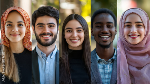 Smiling faces from diverse cultures, warm and welcoming expressions, celebrating unity and connection.