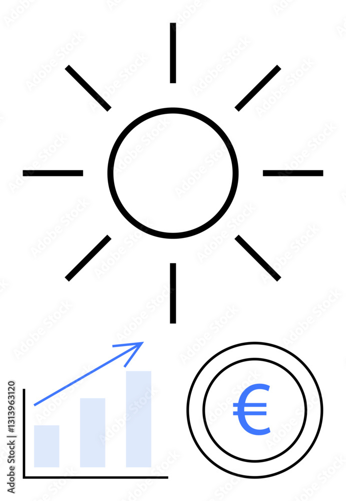 Radiating sun, Euro coin, and rising bar graph showcasing sustainability, renewable energy, profit, economic growth, success, global finance and innovation. Ideal for eco-finance flat simple Radiating sun, Euro coin, and rising bar graph showcasing sustainability, renewable energy, profit, economic growth, success, global finance and innovation. Ideal for eco-finance flat simple
