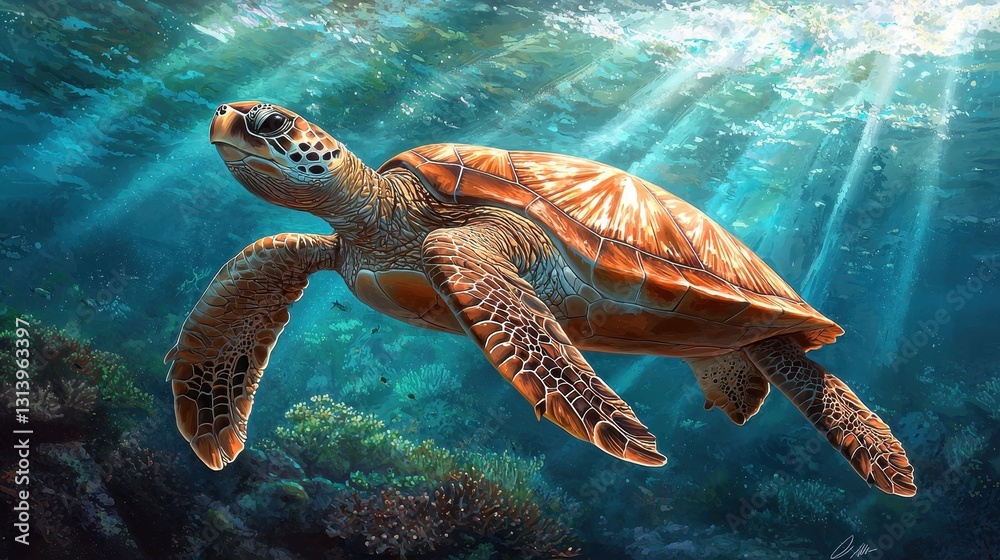Fototapeta premium Graceful Sea Turtle Swimming Through Vibrant Coral Reef Waters