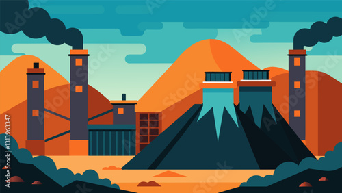 Outside the coking plant large piles of coal sit waiting for their turn to go through the intense transformation process.. Vector illustration