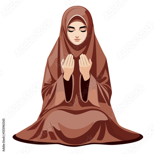 Muslim Woman in Hijab Praying with Hands Raised