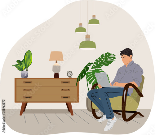 Freelancer guy with laptop, sitting on armchair in comfortable mid century modern living room. Handsome young man working from home. Cartoon male character in interior scene vector illustration.