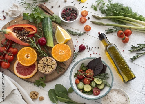 A Vibrant Still Life Showcasing Fresh, Colorful Vegetables, Fruits, And Herbs, Ready For A Healthy Meal, Bathed In Soft, Natural Light
