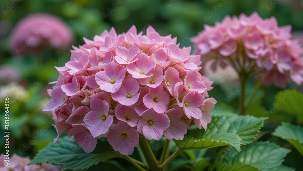 Closeup of Vibrant Pink Hydrangea Flowers Blooming in a Serene Garden Setting Closeup of Vibrant Pink Hydrangea Flowers Blooming in a Serene Garden Setting