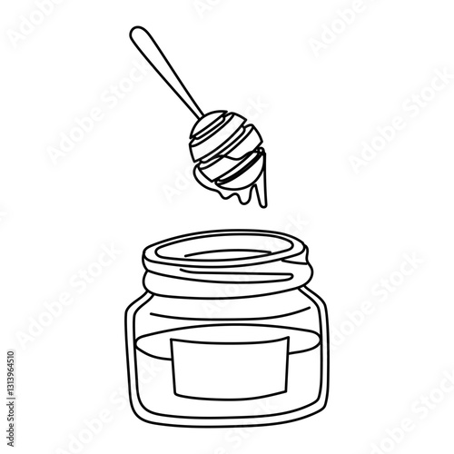 doodle illustration of an open jar of honey with a wooden spoon is ideal for advertising natural products, packaging, culinary blogs, as well as for marketing healthy food and organic products.