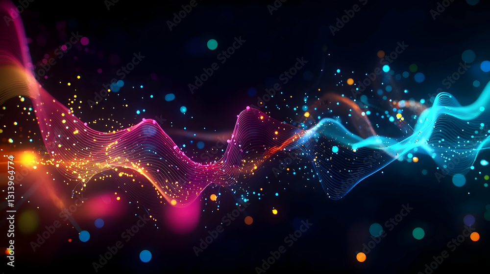 Obraz premium Dynamic Vibrant Abstract Light Trails and Particles Flowing on a Dark Background in Pink Purple Blue and Orange