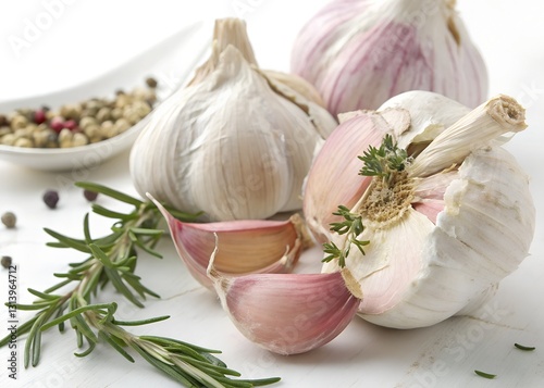 Aromatic Garlic Bulbs And Fresh Rosemary Sprigs Create A Rustic, Flavorful Culinary Scene With Soft Lighting And A White Backdrop