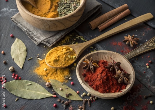 Aromatic Spices A Vibrant Collection Of Turmeric, Paprika, Star Anise, And Bay Leaves In Rustic Wooden Bowls And Spoons, Creating A Warm And Inviting Culinary Scene