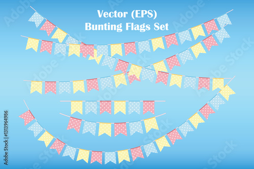 Bunting flags set, Pink, Blue and Yellow Polka Dot vector pennants hanging on the rope. Colorful flag garland for party and holiday decorations