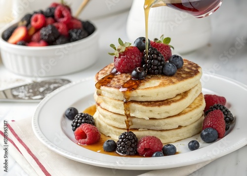 Golden Pancakes Drenched In Maple Syrup, A Delightful Stack Topped With Fresh Berries, A Breakfast Feast