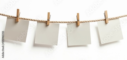 Four blank square cards hang on rope with clothespins isolated on white background. Mockup template for banner, message, reminder, office memo, label design, memory, poster, tags, post, letters.