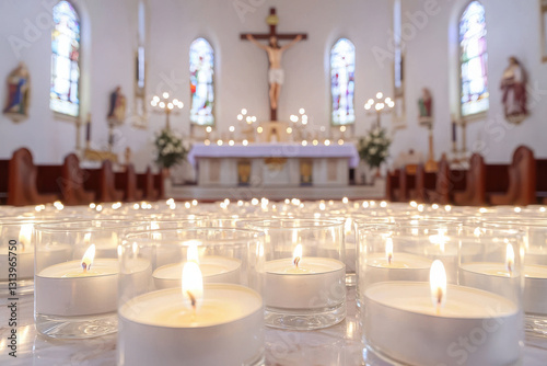Softly glowing candles illuminate serene church altar, creating peaceful atmosphere. stained glass windows add touch of color to sacred space