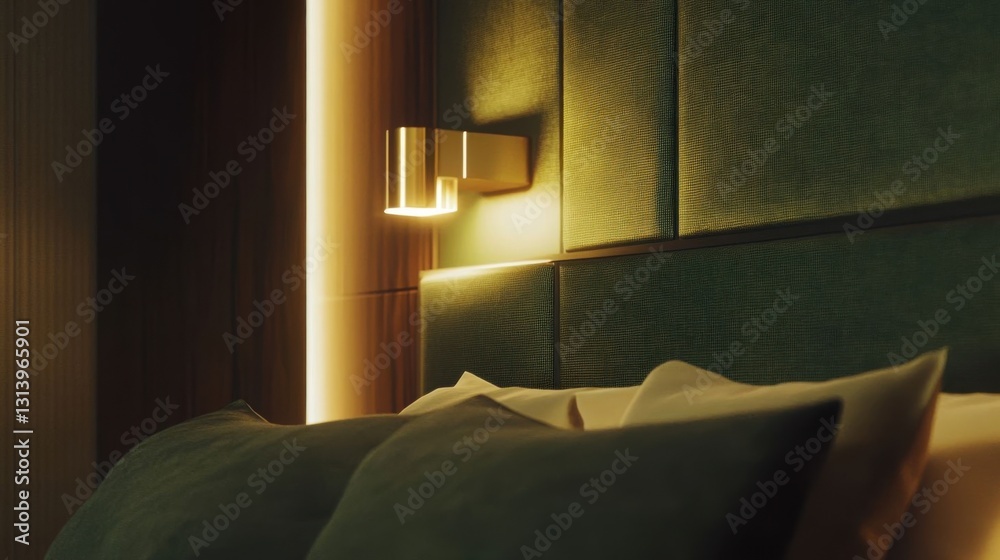 Fototapeta premium Cozy contemporary bedroom with green accents.
