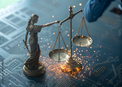 Lady Justice, Scales Of Justice, Weighing Digital Future, Sparks Of Change, Metallic Bronze Figurine, Circuit Board Background