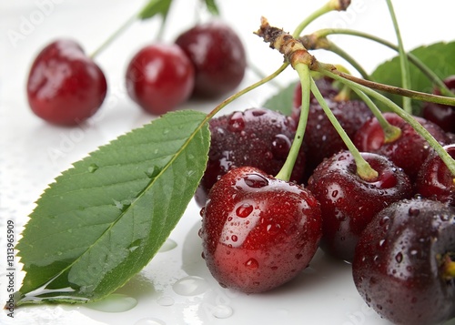 Luscious Ripe Cherries Glistening With Dew, A Vibrant Cluster Nestled Amongst Fresh Green Leaves, Showcasing Natures Summer Sweetness