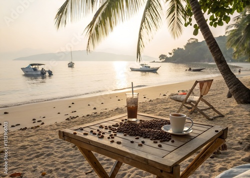 Peaceful Tropical Beach Coffee Break Under Palm Trees With Iced Coffee And A Cup Of Hot Coffee, Bathed In Warm Golden Sunlight