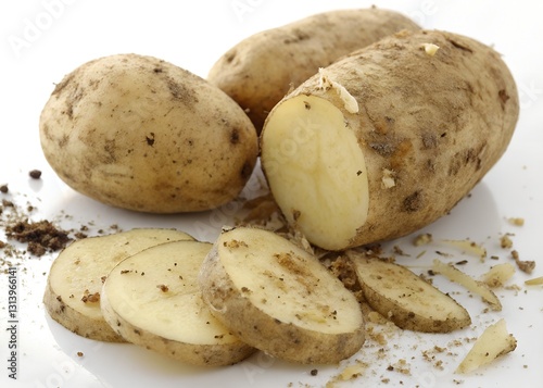 Rustic Potatoes Freshly Harvested From The Earth, Sliced And Ready, Displaying Their Creamy Interior Against A Stark White Background
