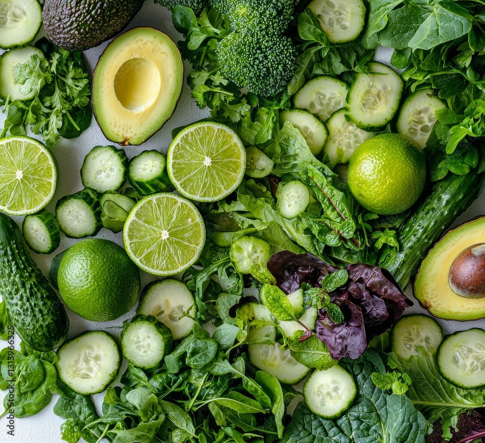 On a wooden background, a selection of green vegetables is displayed, emphasizing healthy food