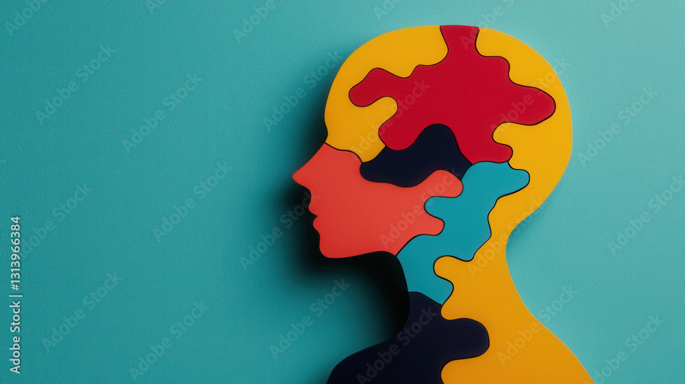 Stylized silhouette representing decision making with colorful puzzle pieces Stylized silhouette representing decision making with colorful puzzle pieces