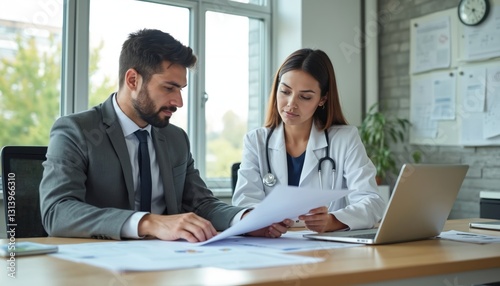 Medical consultant reviews financial projection with healthcare administrator. Doctor, businessman analyze budget, discuss investment in clinic. Financial planning for medical facility. Healthcare