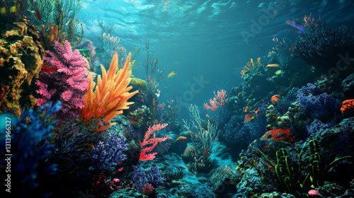 Vibrant Underwater Coral Reef Scene with Colorful Marine Life