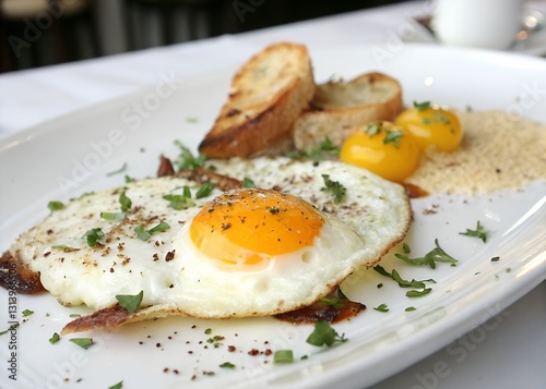 Sunny-side Up Perfection A Gourmet Breakfast Featuring Perfectly Cooked Eggs, Crispy Toasted Bread, And A Delicate Herb Garnish, Served On An Elegant White Plate