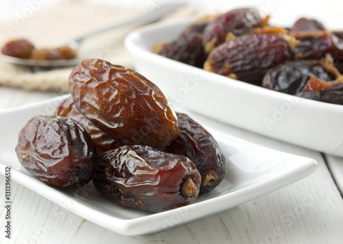 Sweet Dates Glistening Under Soft Light, A Delectable Treat Presented On Pristine White Dishes, Evoking Feelings Of Warmth And Natural Sweetness