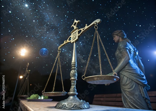 Under A Starlit Night, Lady Justice Stands Tall, Her Scales Balanced, Symbolizing Fairness And Cosmic Order, Illuminated By Soft Ambient Light