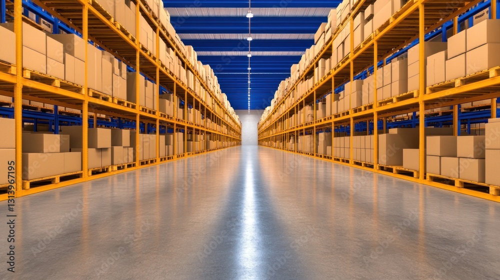 Fototapeta premium Vast Warehouse Interior: Rows of Cardboard Boxes on Yellow Shelving