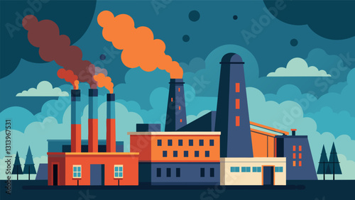 The acrid smell of burning coal permeating the air emanating from the looming industrial structure.. Vector illustration