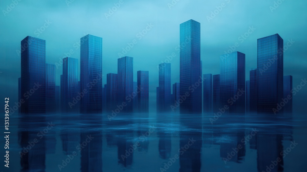 Surreal Urban Landscape with Skyscrapers in Blue Foggy Atmosphere Surreal Urban Landscape with Skyscrapers in Blue Foggy Atmosphere