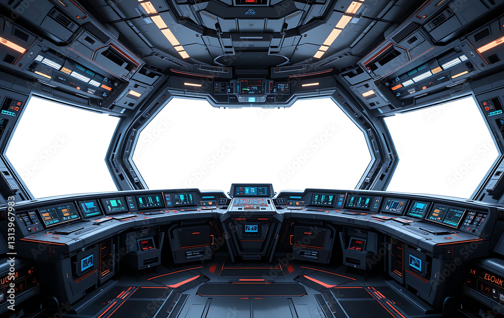 Obraz premium Close-up, futuristic spaceship control panels with glowing displays on white background