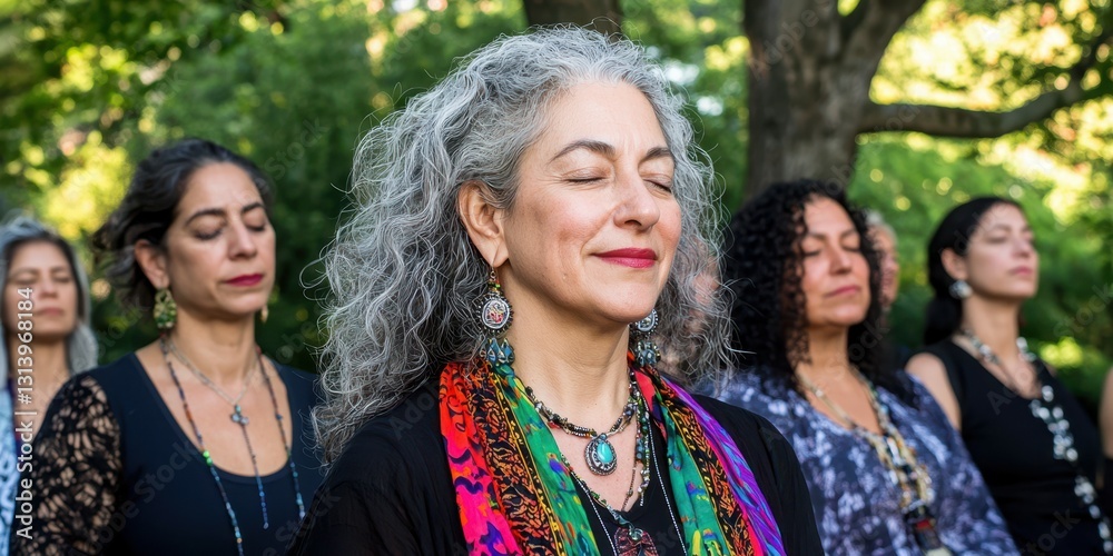 A group of women engaged in mindfulness practice in a peaceful park. They exhibit focused expressions, surrounded by lush greenery, enhancing the tranquil atmosphere A group of women engaged in mindfulness practice in a peaceful park. They exhibit focused expressions, surrounded by lush greenery, enhancing the tranquil atmosphere