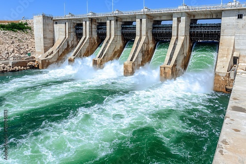 Powerful Water Flowing from a Concrete Dam on a Sunny Day