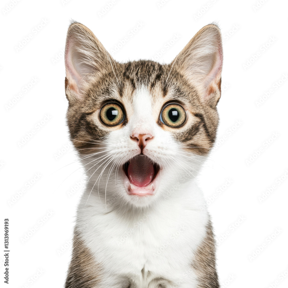 Obraz premium Cute surprised domestic cat with wide open eyes and mouth, expressing curiosity and excitement, isolated on black background, perfect for pet lovers.