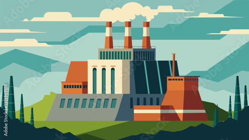 From a distance the thermal power station resembles a modern fortress with high walls and imposing structures guarding the production of electricity. Vector illustration