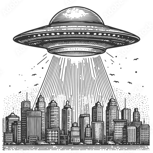 UFO hovering over a city, emitting bright beams of light in a dramatic scene sketch engraving generative ai vector illustration. Scratch board imitation. Black and white image.