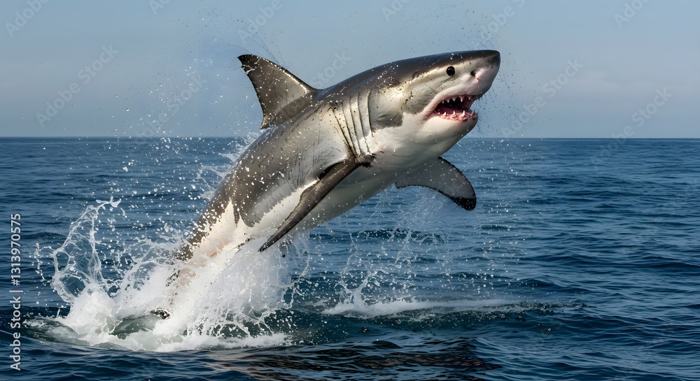 Fototapeta premium Majestic Great White Shark Leaps Out of the Ocean
