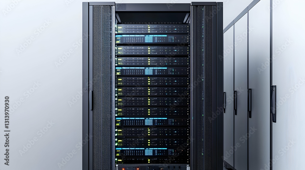 Modern Server Rack With Blinking Green Lights In Data Center Room With Bright Lighting Highlighting Technology And Innovation Modern Server Rack With Blinking Green Lights In Data Center Room With Bright Lighting Highlighting Technology And Innovation