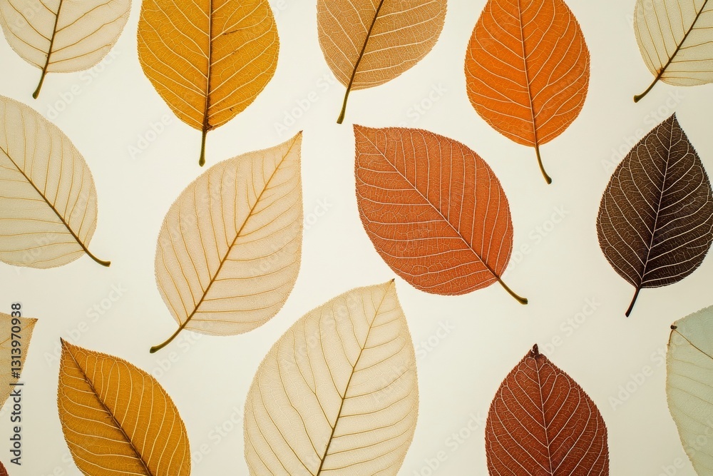 Obraz premium A beautiful arrangement of colorful autumn leaves creates a stunning pattern on a neutral background. Perfect for design projects, home decor, and seasonal themes.