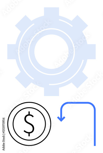 Large gear, coin with dollar sign, and downward arrow forming a process. Ideal for automation, workflow, finance, savings, profitability operations business growth. Flat simple metaphor
