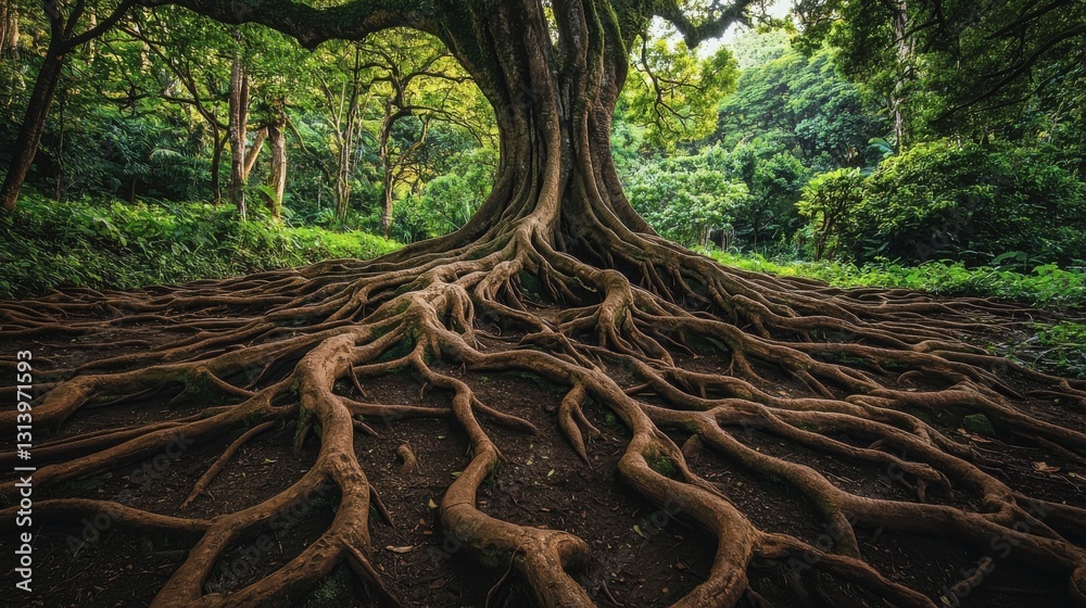 Fototapeta premium A majestic tree with sprawling roots, surrounded by lush greenery, creating a serene and enchanting forest atmosphere.