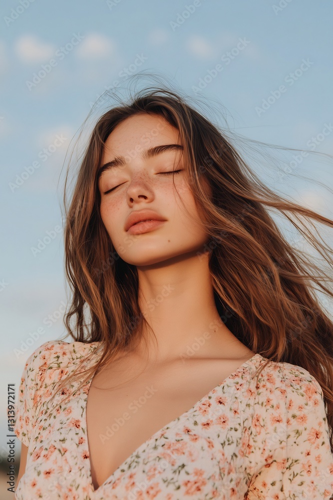 European woman in pastel rose floral dress embracing breeze European woman in pastel rose floral dress embracing breeze