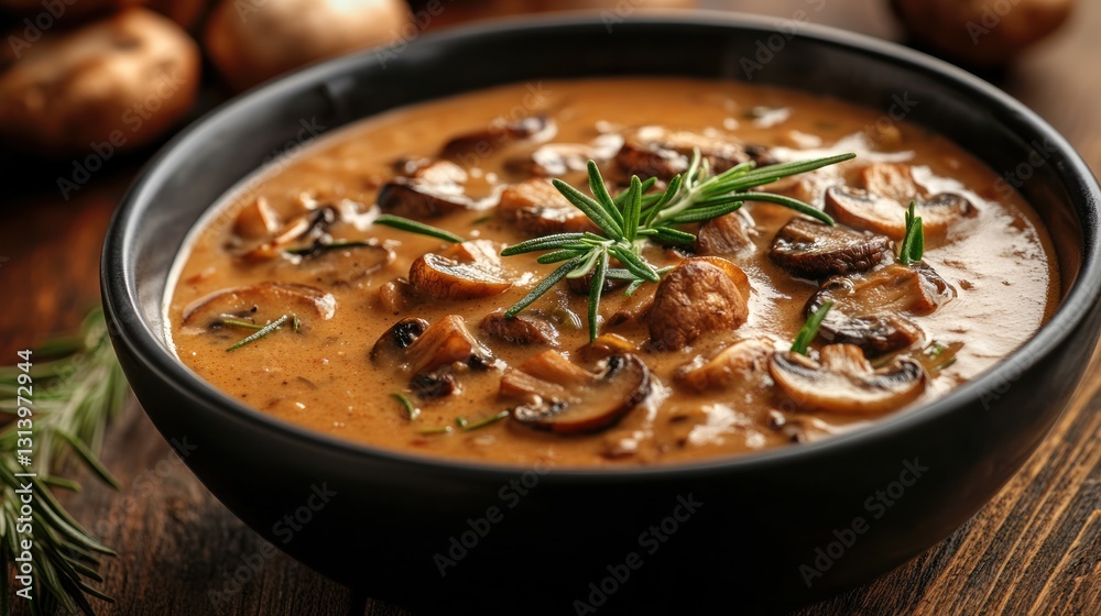 A bowl of thick and creamy mushroom soup garnished with roasted wild mushrooms and sprigs of rosemary, served with cream. A bowl of thick and creamy mushroom soup garnished with roasted wild mushrooms and sprigs of rosemary, served with cream.