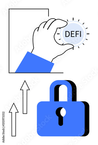 Hand securing decentralized finance coin alongside upward arrows and lock symbol, representing financial innovation, security, growth. Ideal for finance, blockchain, cryptocurrency, investments