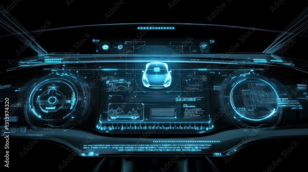 Obraz premium Illuminated holographic display of a vehicle dashboard in blue light