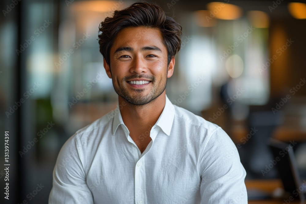 Obraz premium A confident young Asian businessman is standing in his office with a smile