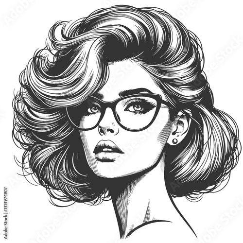 woman with large glasses and voluminous wavy hair, gazing thoughtfully sketch engraving generative ai fictional character vector illustration. Scratch board imitation. Black and white image.